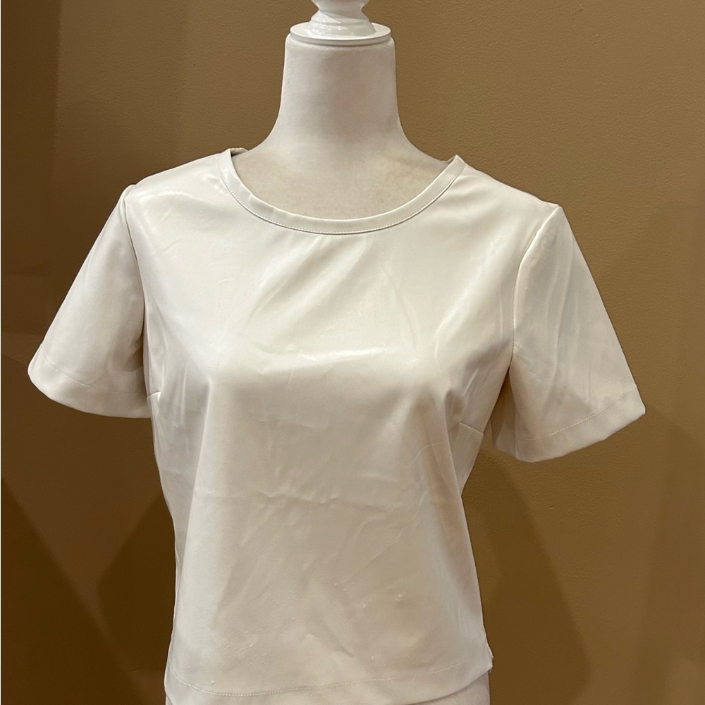 NEW Porridge White Collin Faux-Leather Short-Sleeve Crew Neck Top, Size S